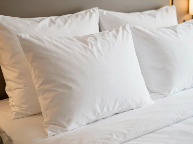 Deluxe hotel room interior, close-up of elegant pillows and crisp white sheets, warm diffused light, 35mm