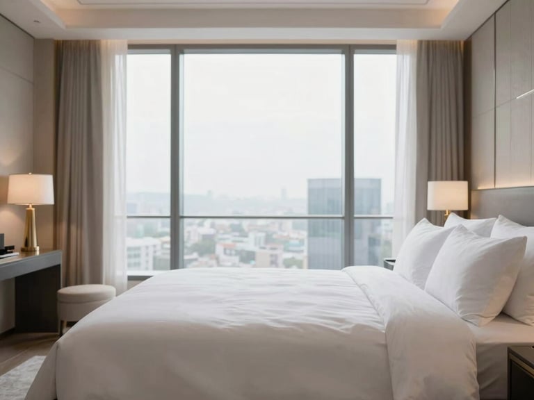 Pristine white king-size bed in a luxury penthouse hotel suite, symmetrical wide-angle framing, soft morning light, editorial photography