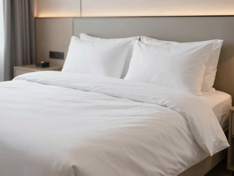 Modern hotel room bed with perfectly pressed white duvet, minimalist headboard, soft side lighting