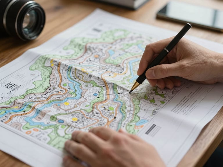 Close-up of hands analyzing a physical topographic map and technical blueprints on a wooden table, overcast natural light, focus on textures and lines.