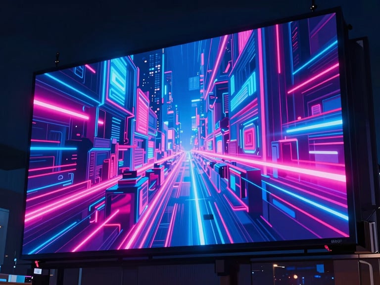 Futuristic holographic billboard displaying dynamic, vibrant 3D art, electric blue and magenta, integrated into a dark cityscape, with glowing neon reflections.