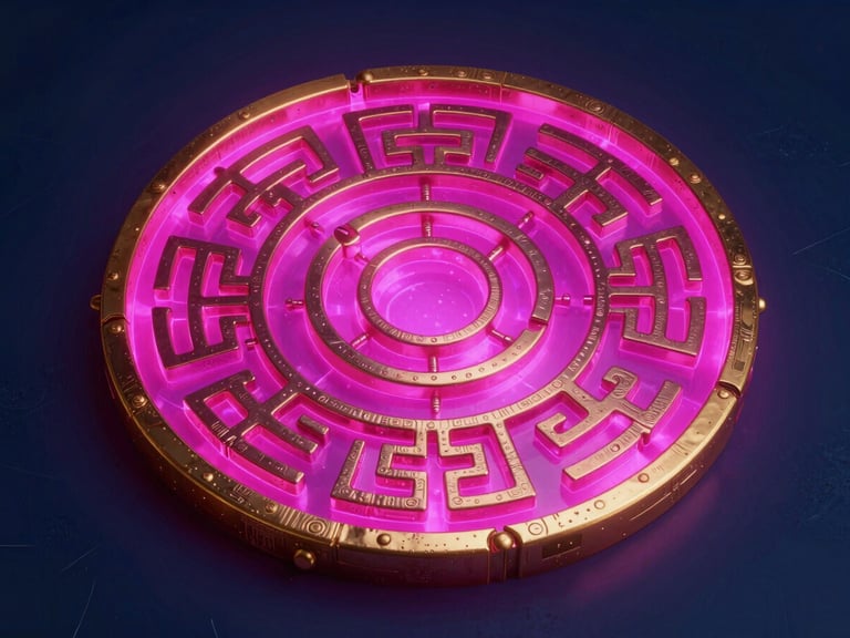Highly detailed 3D digital relic, gold and dark metal, glowing with internal magenta energy, intricate ancient patterns, on a dark, textured surface.
