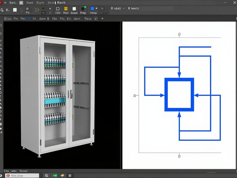 Split-screen Revit viewport showing a 3D view of an electrical room next to a clean single-line diagram, electric blue accents, sharp technical rendering