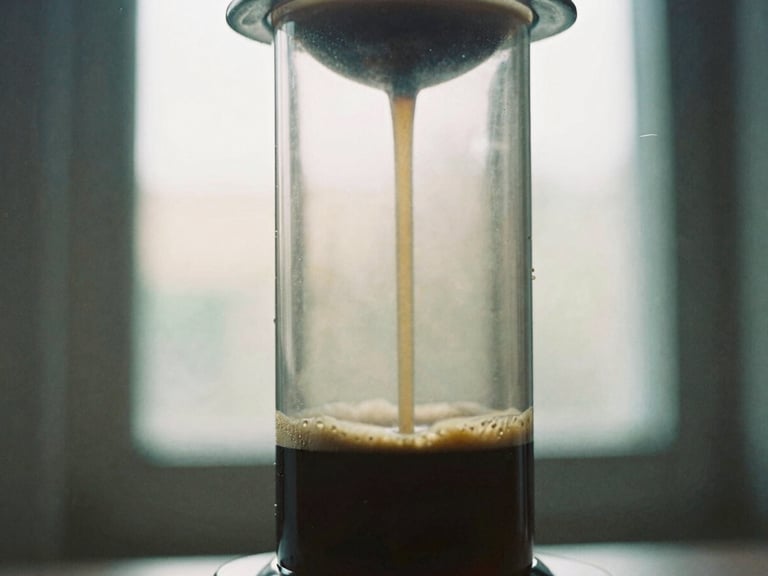 Close-up of an Aeropress brewing coffee, showing the plunger and dark liquid, soft side-lit window daylight, rich espresso and cream tones, shallow depth of field, 35mm film