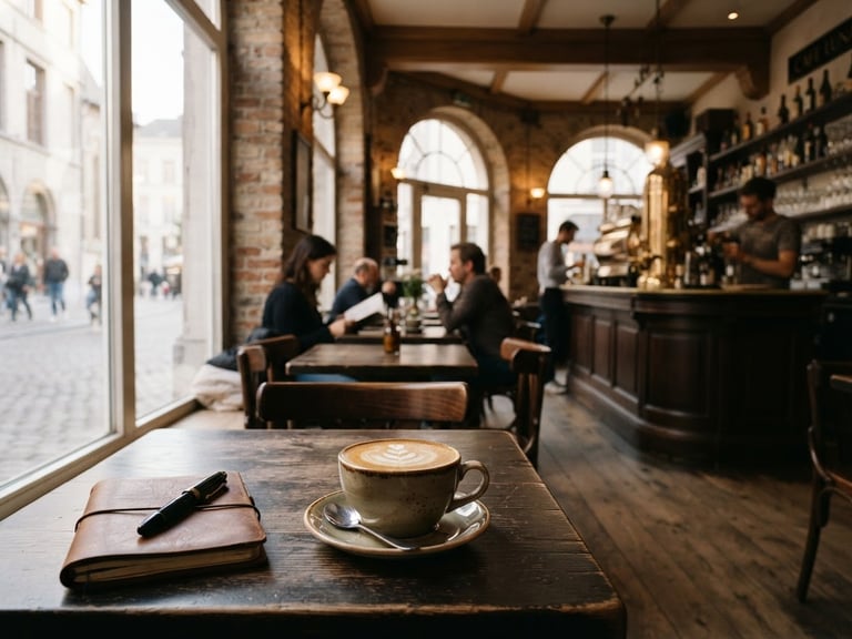 Elegant, architectural cafe interior with soft side-lit window daylight, deep shadows, warm interior glow, rich espresso and cream tones, shallow depth of field, 35mm film