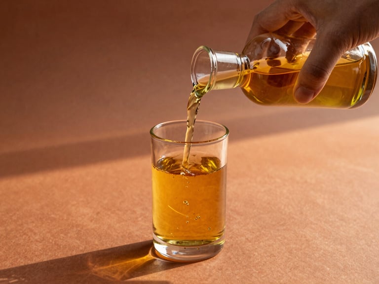 Hands in subtle motion pouring golden oil into a heavy glass vial, warm sunset light casting long shadows on terracotta background.