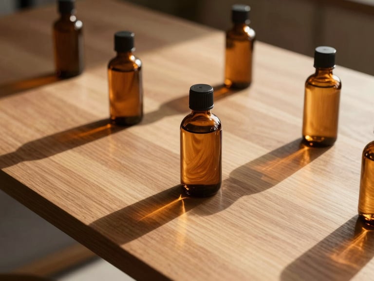 A minimalist wooden table in an architectural space, heavy glass vials reflecting warm amber light, long shadows of late afternoon, editorial style.