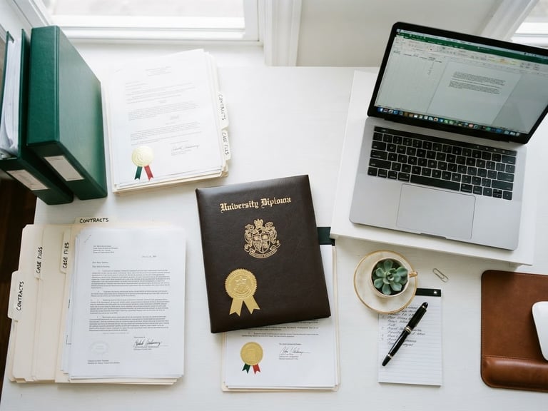 Overhead flat-lay of organized legal documents, university degree with a gold seal, and a laptop on a clean white desk, bright natural daylight, 35mm