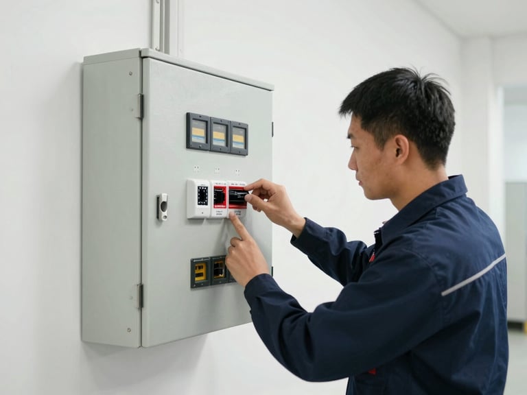 Technician inspecting a commercial fire alarm control panel, clean white walls, bright indoor utility lighting, honest documentary photography.