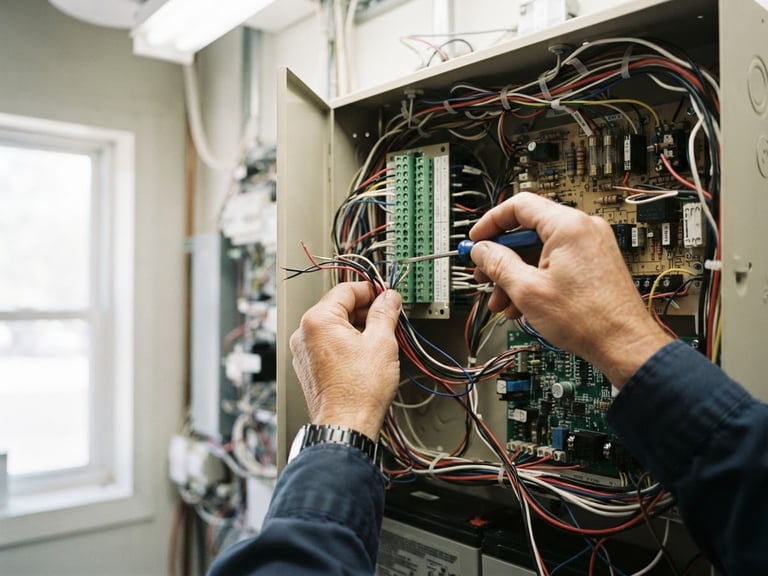 Close-up of a technician's hands installing wiring into a security control panel, bright utility lighting, honest documentary photography.