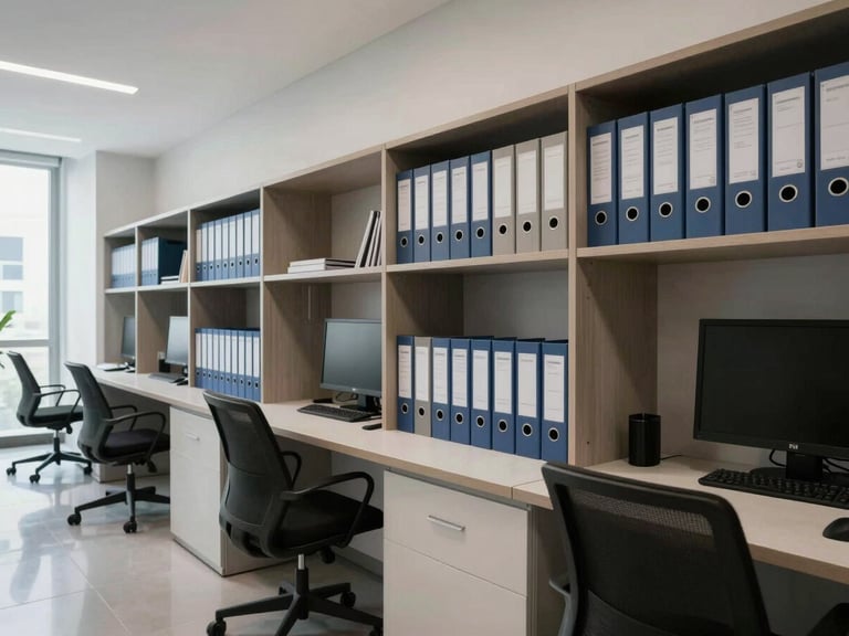 Medium-wide environmental shot of a modern professional workspace in Mexico City, clean architectural lines, structured shelves with corporate folders, cool-toned natural lighting.