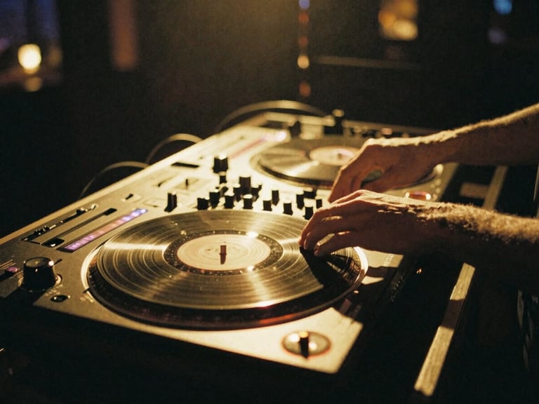 Sleek, wire-free DJ booth in a low-light historic venue, warm golden uplighting, close-up of hands on vinyl controllers, deep shadows, 35mm film grain.