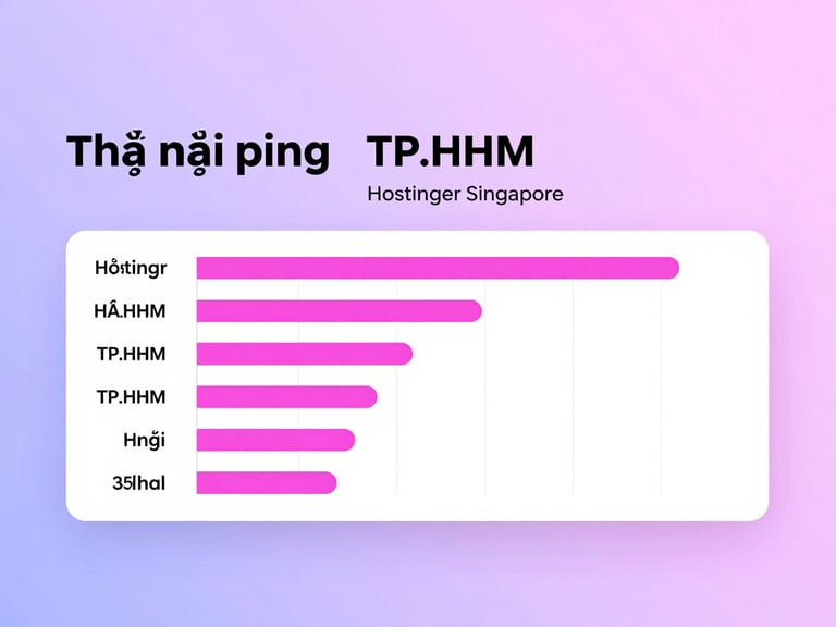 Biểu đồ so sánh thời gian ping từ Hà Nội và TP.HCM đến máy chủ Hostinger Singapore và các nhà cung cấp nội địa, với Hostinger hiển thị ping thấp nhất, nền tím hồng neon.