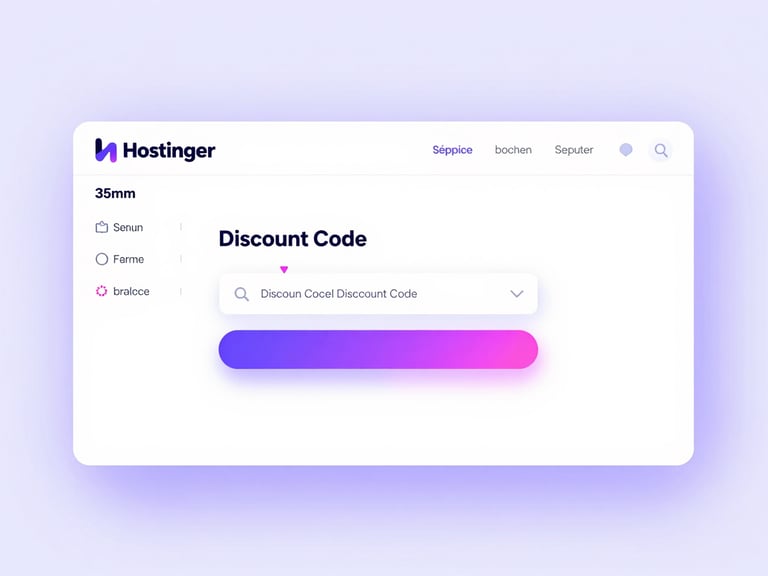 Clean UI mockup of Hostinger's hPanel dashboard, highlighting a discount code input field, subtle purple and pink neon accents