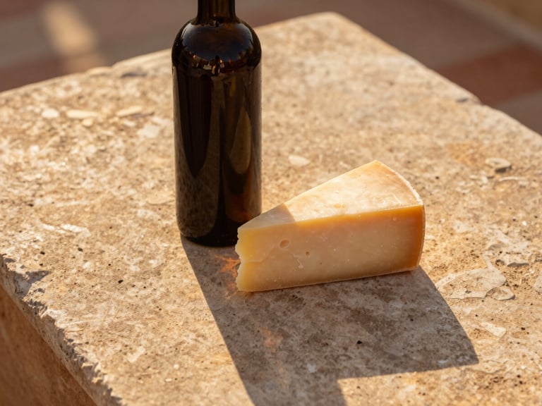 Overhead still life of a dark glass bottle casting a long shadow on sun-bleached stone, beside a block of aged parmesan cheese, golden hour light