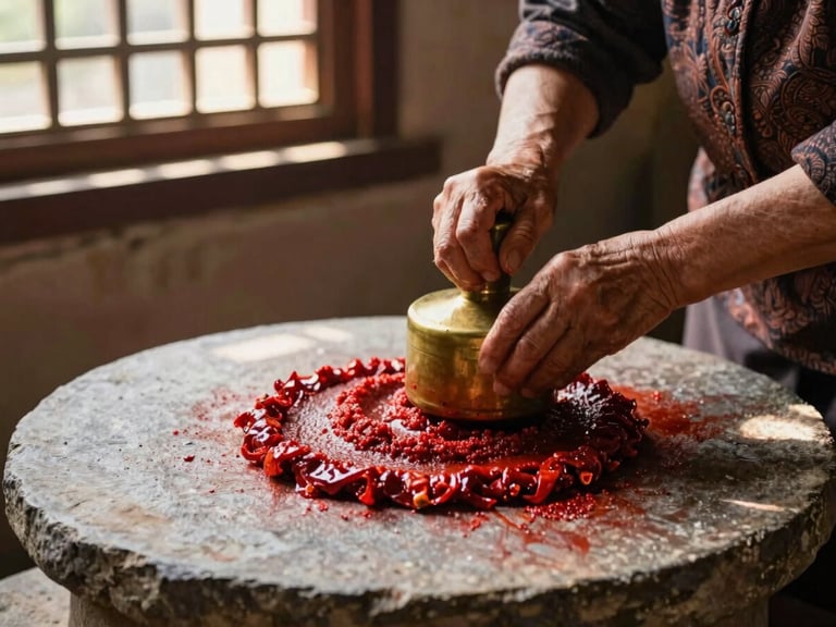Hands of an elder woman stone-grinding red chilies on a large flat stone slab, rich red paste texture, warm directional window light, rustic courtyard setting.