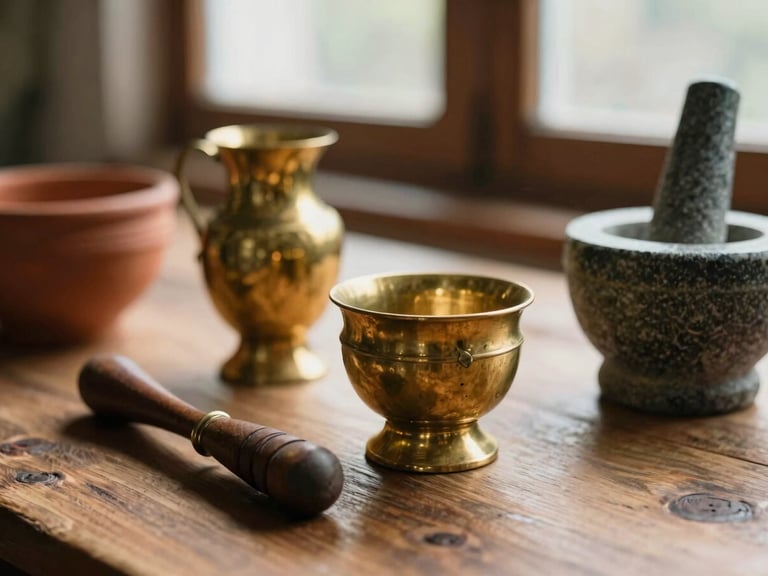 Warm editorial photography, soft afternoon window light, rich terracotta and brass tones, shallow depth of field, 35mm film. Macro close-up of heirloom brass vessels and stone-grinding tools on a rustic wooden table, casting deep soft shadows.