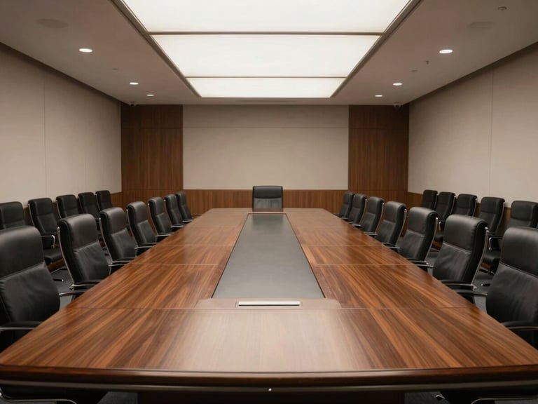 Wide-angle environmental shot of a structured corporate boardroom, clean interior architectural lighting, large empty mahogany table, high contrast, emphasizing scale and authority.