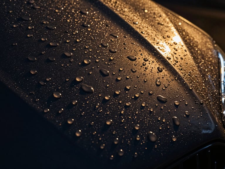 Extreme close-up of water beading perfectly on a freshly waxed dark car panel, showing tight, spherical droplets and a hydrophobic surface, high-contrast studio lighting, 85mm.