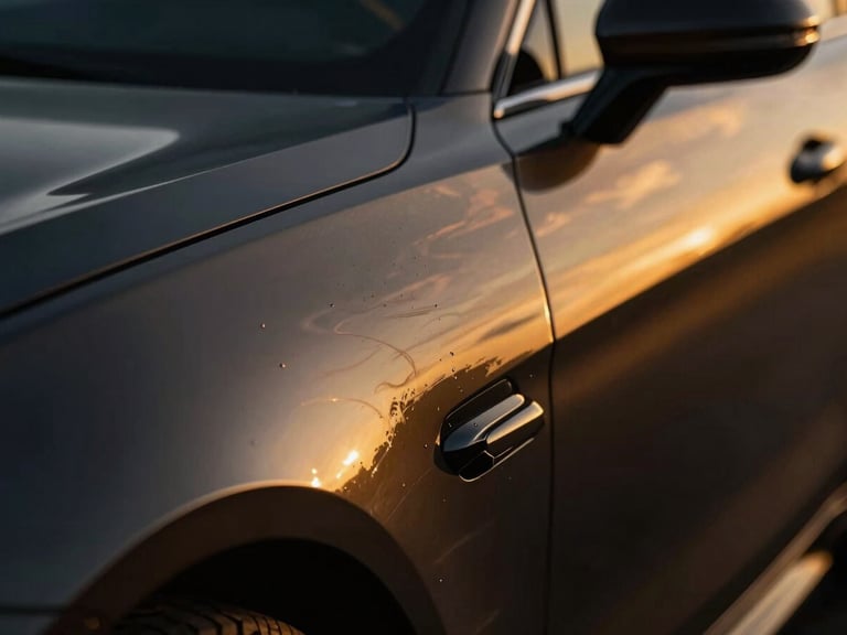 Extreme close-up of a dark car panel, showing crisp, deep reflections of studio lights, emphasizing wet-look depth. High-contrast studio lighting, deep liquid reflections, warm gold and dark navy tones, 85mm.