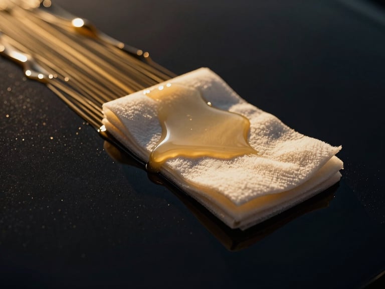Macro shot of a soft applicator pad smoothly gliding across a dark car surface, leaving a streak-free, glossy trail. High-contrast studio lighting, deep liquid reflections, warm gold and dark navy tones, 85mm.