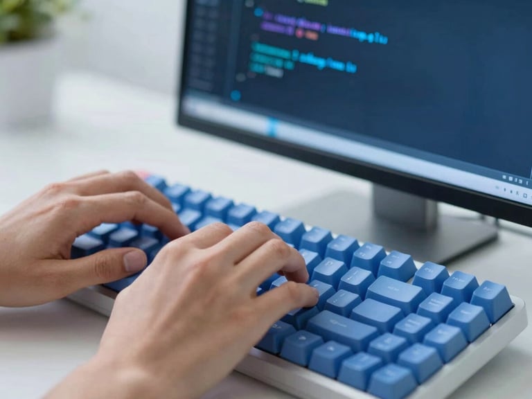 Close-up of hands typing clean code on a mechanical keyboard, modern terminal window visible on screen with syntax highlighting in electric blue, soft office daylight, crisp editorial photography