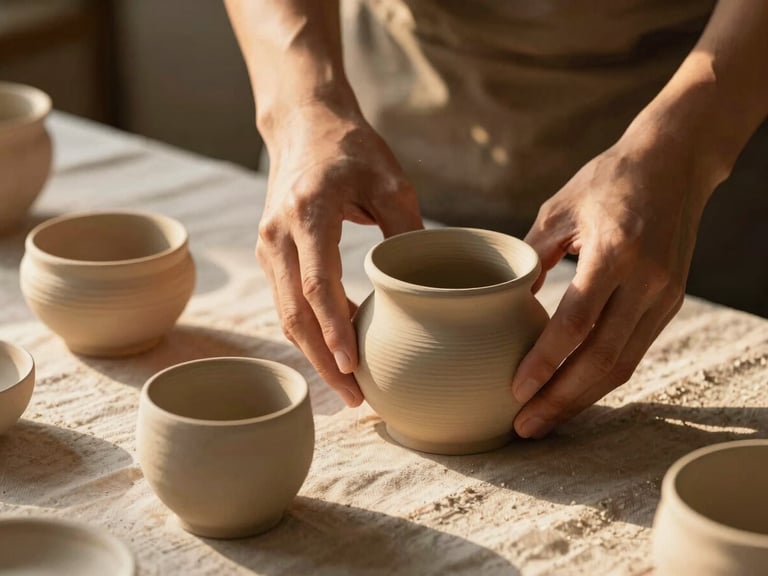 Close-up of hands arranging raw ceramic vessels on a coarse linen tablecloth, warm late afternoon golden light, soft shadows.