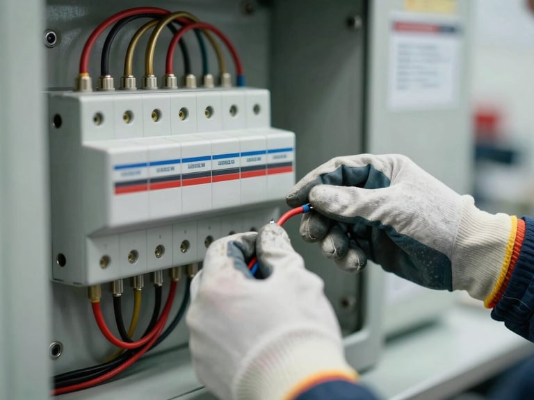 Close-up of hands in protective work gloves wiring an industrial electrical control panel with red and gold wires, clear focused lighting in a clean workshop.