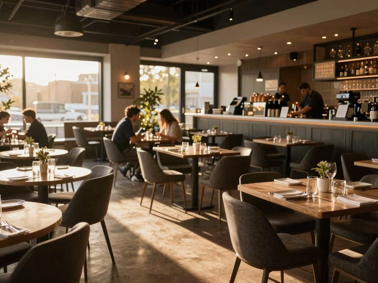 A bustling modern restaurant dining room at golden hour, warm light casting long shadows across tables, crisp and high-definition.