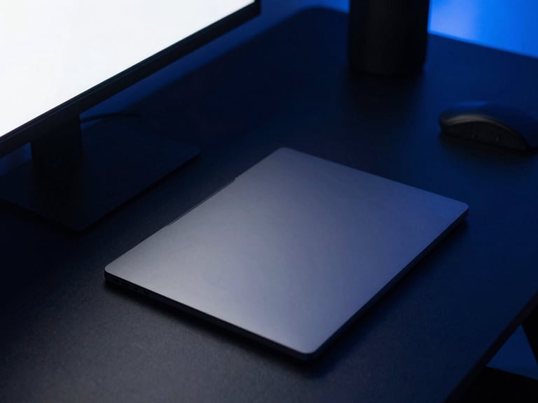 Geometric overhead shot of a modern dark minimalist software engineering desk, soft blue screen glow, sharp focus, high-contrast