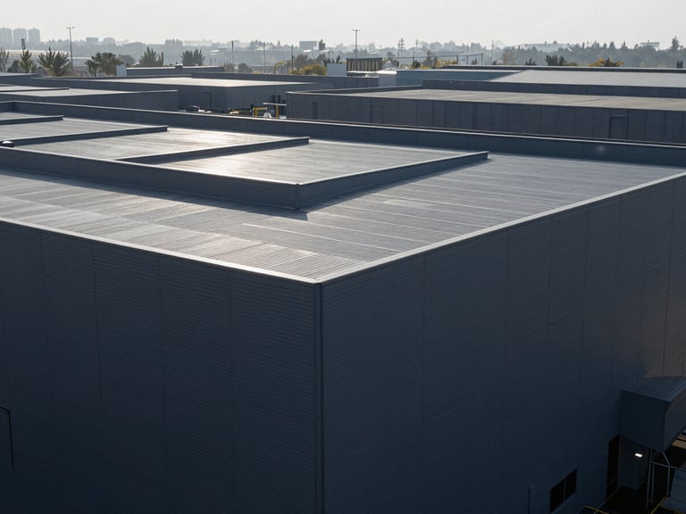 High-angle geometric composition of a modern logistics facility, desaturated navy tones, sharp focus, architectural lines, 35mm