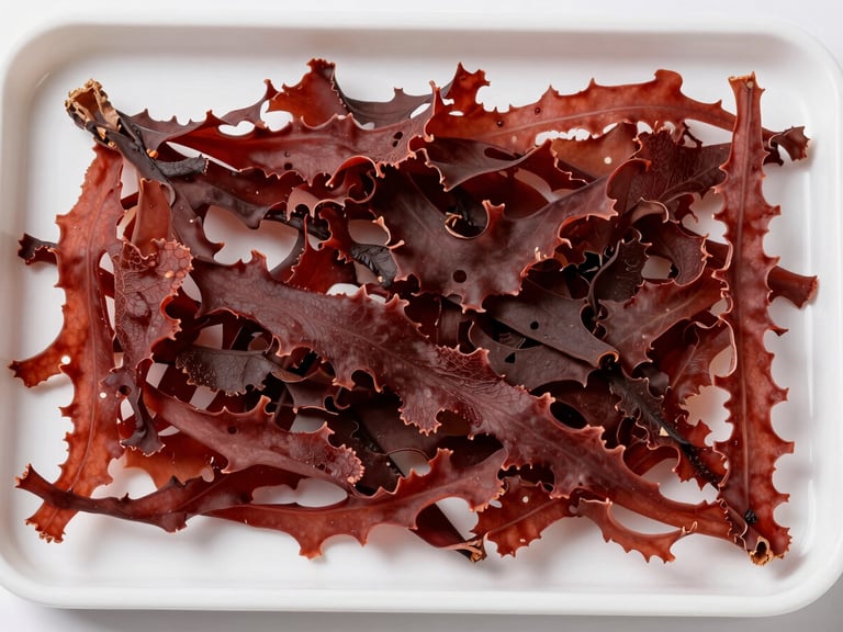 Overhead flat-lay of dried Gracilaria seaweed sample spread on a white surface inside a shallow laboratory tray, bright diffused studio light, showing uniform crimson frond color and dried texture, no shadows, clinical product documentation photograph