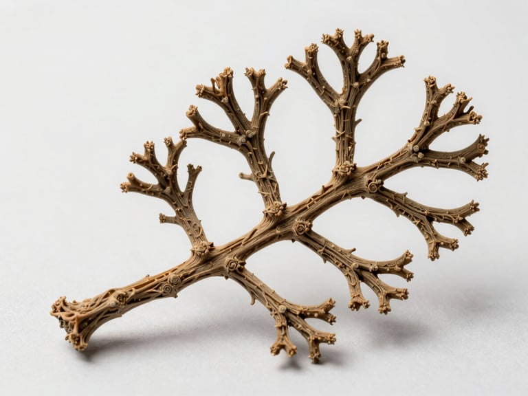 Close-up macro photograph of a single dried Gracilaria frond against a pale neutral background, showing branching tip structure and surface texture in full detail, bright diffused studio light, overhead angle, shadow-free, clinical product photography