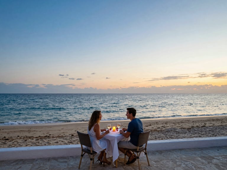 Couple enjoying a candid moment during a candlelit dinner on a beachfront terrace at sunset, warm editorial travel photography, wide-angle cinematic lens.