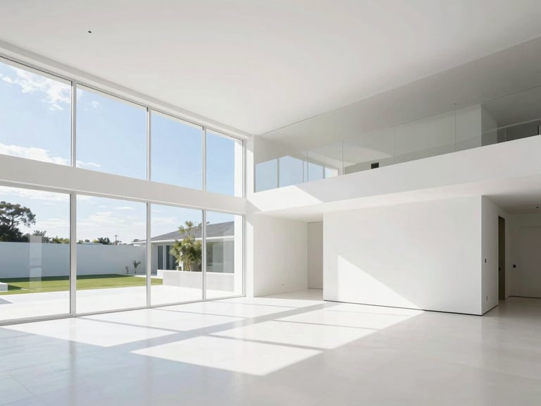 Intérieur de villa moderne et impeccable, lumière naturelle, surfaces brillantes, tons blancs et bleus.