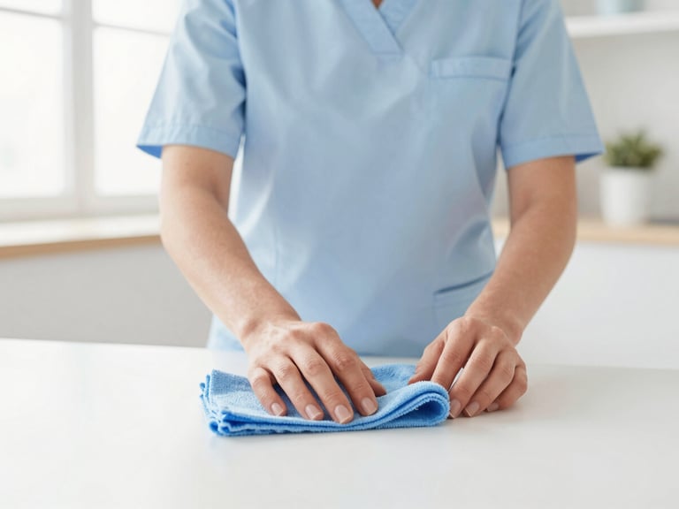 Femme de ménage en uniforme nettoyant une surface avec un chiffon, gros plan sur les mains, lumière naturelle.