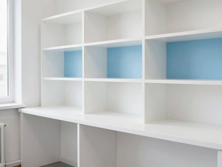 Bureau moderne et rangé, surfaces propres, lumière vive, tons blancs et bleus.