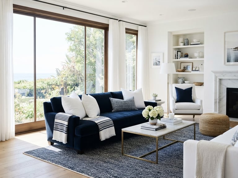 Sun-drenched, immaculate luxury living room, perfectly organized, with crisp white linens and deep navy accents, natural light streaming through large windows.