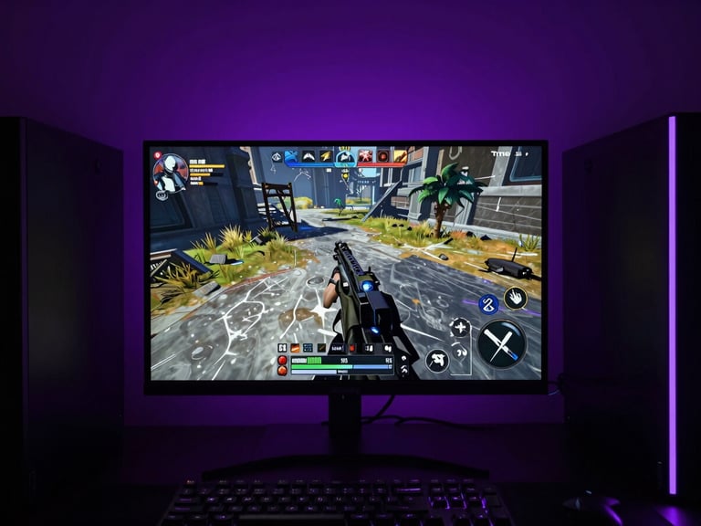 Moody gaming setup with neon RGB backlighting, showing a high-contrast tactical RPG gameplay screen, deep shadows, electric purple accents.