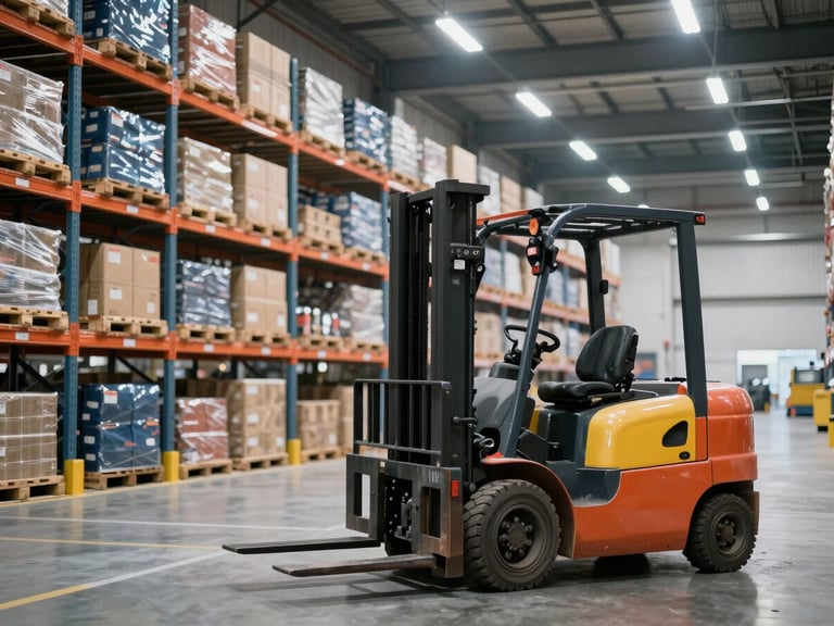 Interior of a large modern logistics warehouse, labeled pallet racking systems stretching into the distance under cool LED lighting, a forklift stationary in the foreground, clean floor markings visible, professional and orderly