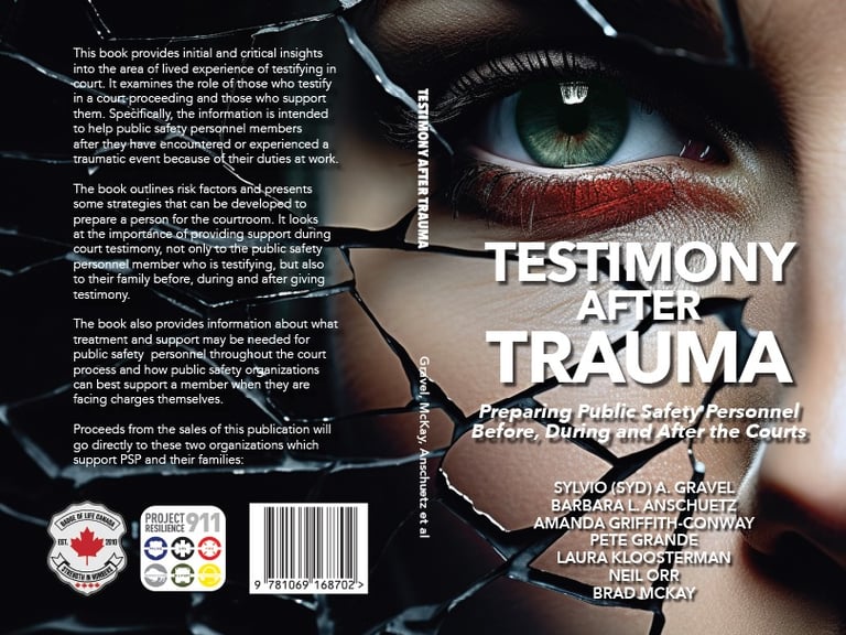 Testimony After Trauma book cover featuring a close-up eye behind shattered glass for public safety personnel.