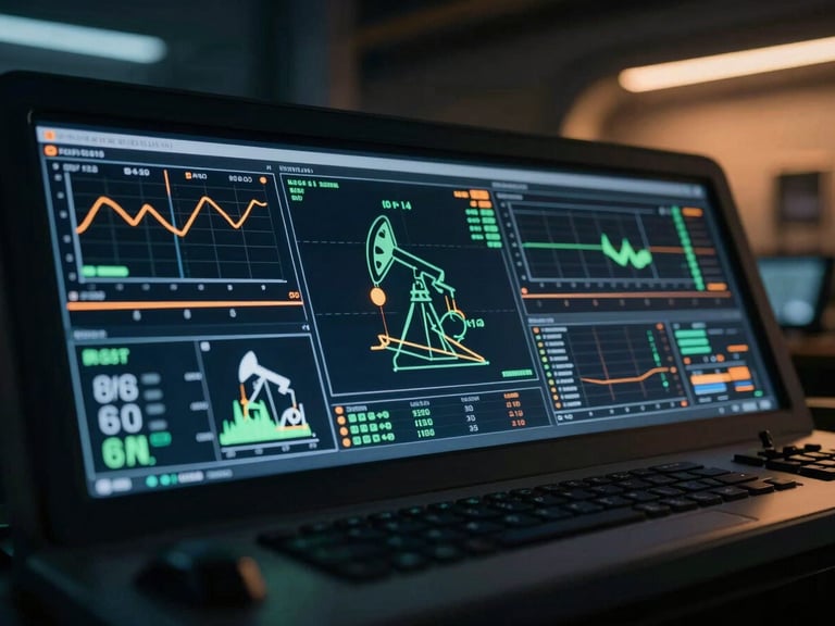 Cinematic close-up of a high-tech control room terminal displaying real-time oil flow telemetry and digital twin schematics, dramatic dark navy and amber lighting, shallow depth of field