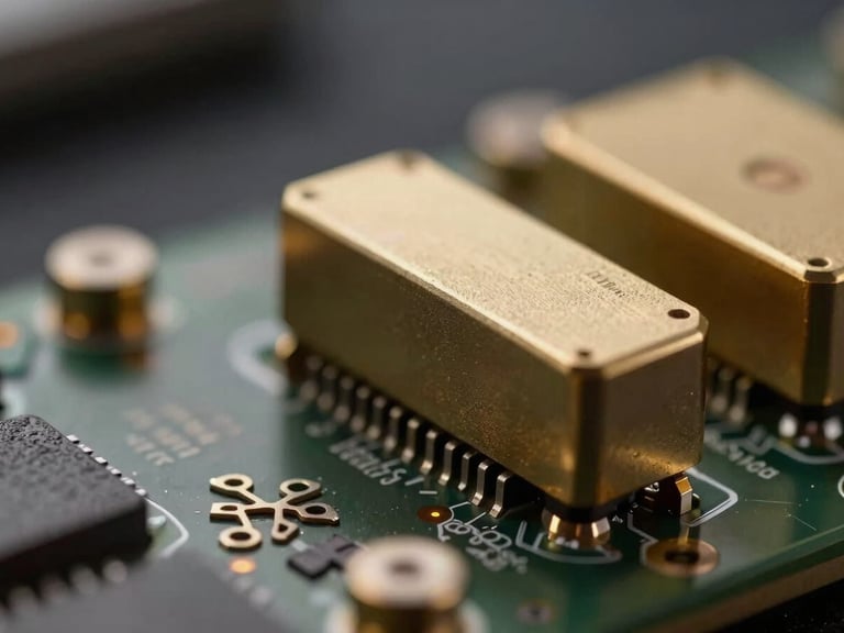 Macro close-up of high-end communication hardware, soft gold light reflecting off metallic surfaces, dark background, shallow depth of field.