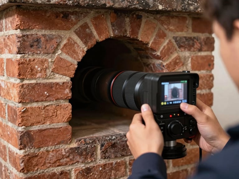Technician's hands operating a video inspection camera feed, showing a clear view of a chimney flue interior, focused, technical, warm indoor light.