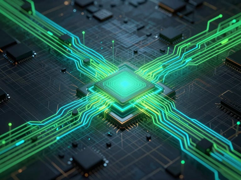 A high-fidelity 3D render of abstract system architecture, glowing neon green and cyan data flows tracing paths through a dark, grid-patterned microchip, sharp technical minimalism, low-key lighting