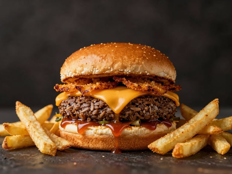 A towering coastal burger with a crispy melted cheese skirt, dripping sauces, side of golden fries, dark moody background, warm golden highlights.