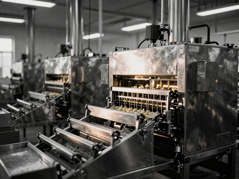 Automated food processing facility interior, stainless steel packaging lines, crisp industrial lighting, medium format film