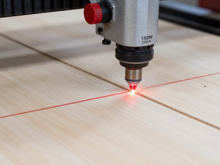 Macro close-up shot of a 150W CO₂ laser cutting head emitting a sharp red glow as it cuts precise lines through thick birch plywood, sparks visible, crisp industrial workshop setting