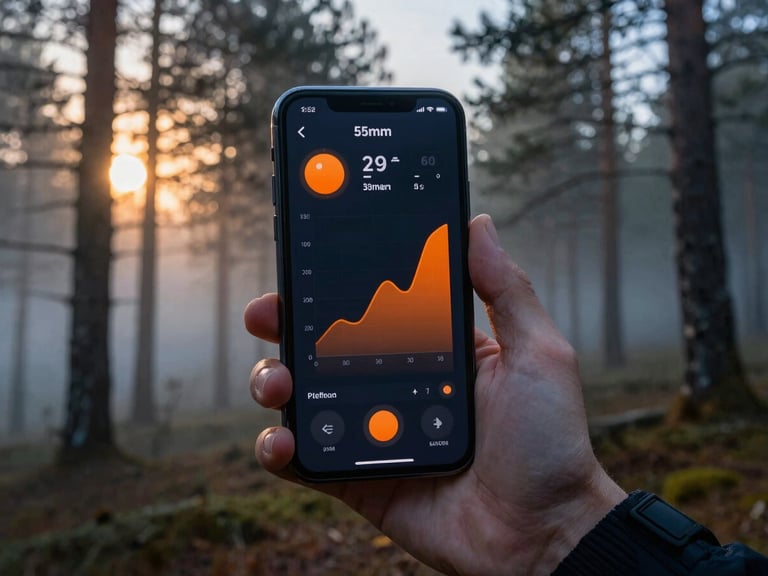 A high-end smartphone displaying a clean dark-mode weather application interface with orange graphs, held by a photographer in a misty pine forest at golden hour, sharp focus, 35mm lens