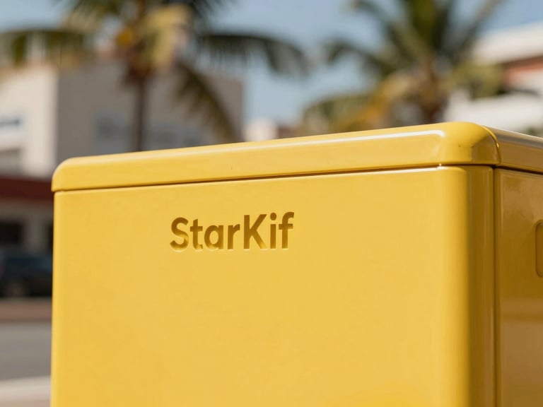 Close-up macro shot of the physical StarKif Box, bright yellow steel, modern minimalist design, clean lines, warm tropical morning light